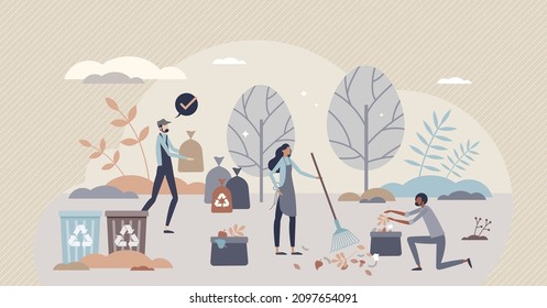 Litter clean up, recycling and separation as nature and environment care tiny person concept. Trash and garbage pollution picking to reduce urban waste and be social active group vector illustration