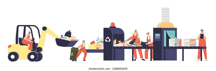 Litter conveyor and process at garbage sort and separating plant with team or workers in uniform collect litter and waste for recycle and reuse. Cartoon flat vector illustration