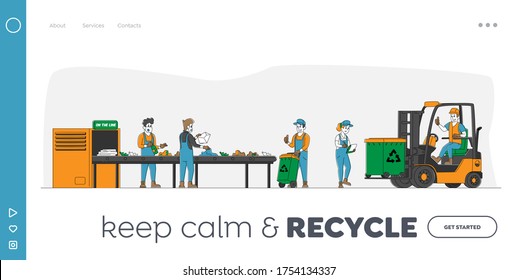Litter Industry Landing Page Template Characters Working on Waste Recycling Plant with Containers for Garbage Separation and Forklift Truck to Reduce Eco Pollution. Linear People Vector Illustration