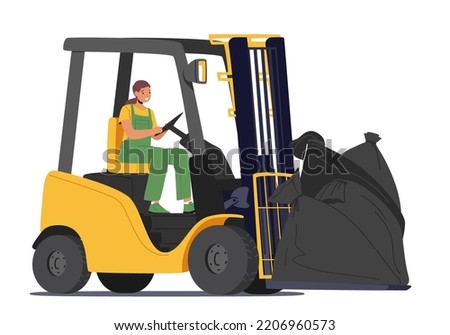 Litter Manufacturing Concept. Female Worker Character Driving Forklift Truck with Garbage Sacks for Waste Processing, Recycling and Storage for Further Disposal. Cartoon People Vector Illustration
