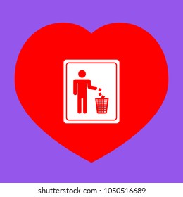 Litter sign. Vector. White icon in red heart at lavender background.