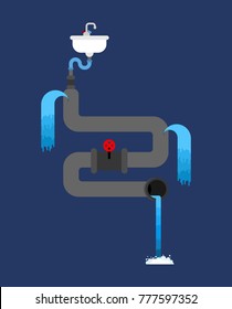 Litter in sink. Water pipe is spoiled. old pipes. Water leak. Sewerage is broken. Vector illustration
