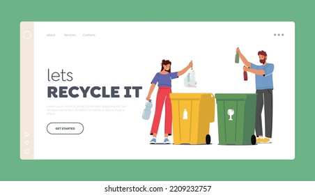 Litter Sorting, Recycling and Segregation Concept for Landing Page Template. . People City Dwellers Throw Garbage to Recycle Litter Bins for Glass and Plastic Waste. Cartoon Vector Illustration