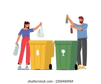 Litter Sorting, Recycling and Segregation, Environmental Protection Concept. People City Dwellers Throw Garbage to Recycle Litter Bins for Glass and Plastic Waste. Cartoon Vector Illustration