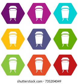 Litter waste bin icon set many color hexahedron isolated on white vector illustration