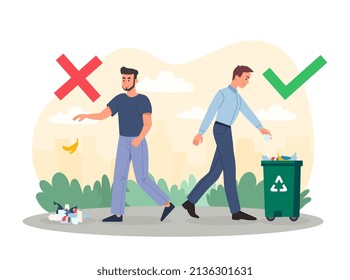 Concepto de comportamiento de la basura. Ejemplo de eliminación de residuos correcta e incorrecta. Clasificación y reciclado de basura o contaminación ambiental. Infografías para imprimir. Dibujo vectorial plano de dibujos animados