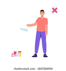 Littering behavior, wrong examples of throwing out garbage. Vector illustration.