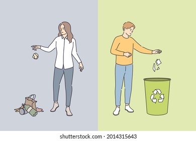 Littering behaviour and sustainable lifestyle concept. Infographic examples of correct and wrong examples of throwing out garbage to trash and grass vector illustration 