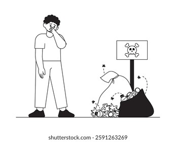 Littering can cause environmental pollution, black and white outline style, social issue vector illustration.