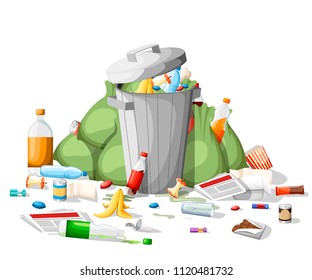 Littering garbage. Pile of garbage in flat style. Steel garbage bin full of trash. Green bags, food, paper, plastic. Vector illustration isolated on white background.