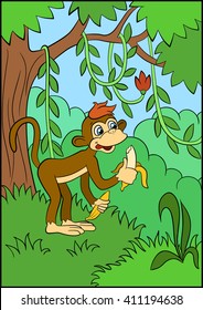 Littke cute monkey eats banana in the forest.