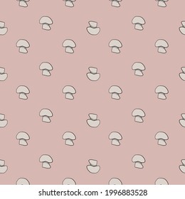 Little abstract champignon seamles mushroom pattern. Pale pink background. Doodle simple style. Vector illustration for seasonal textile prints, fabric, banners, backdrops and wallpapers.
