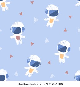 Little adorable astronaut blue seamless pattern. Vector texturized background.