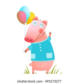 Little Adorable Baby Pig with Balloons for Kids. Pig congratulating with balloons on grass humorous character kids cartoon design. Vector illustration.