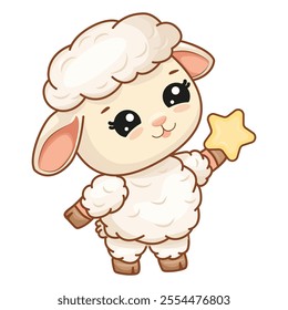 Little adorable cartoon baby sheep stands and holds stars illustration in flat style. Vector illustration for poster, greeting card and children's design.