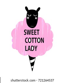  little adorable fancy black and pink sheep looks like cotton candy, isolated girly vector illustration for t-shirt, phone case, mugs, baby shower,wall art. text "sweet cotton lady"