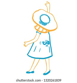Little adorable girl in hat with floral decor, summer dress waving goodbye. Summer mood illustration. Child, childhood. Romantic design for cards, interior decor, kids room, poster, print. Hand motion