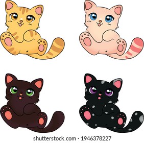 Little adorable kittens in anime style. Ginger, Pink, Chocolate and Dark.