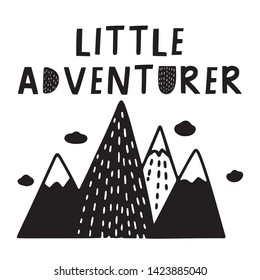 Little adventurer cute black and white card in nordic style. Hand drawn vector illustration.
