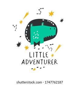 LITTLE ADVENTURER. Cute dinosaur in space. Dino astronaut. Quote about adventure. Can be printed on T-shirts, bags, posters, invitations, cards, phone cases, pillows.