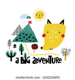 Little adventurer fox with forest and mountains. Cute card with fox traveler. Illustration vector for print t-shirt design.