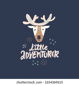 Little adventurer freehand color vector lettering. Cute deer in scandinavian style flat illustration. Wild animal and inscription calligraphy on white backdrop. Child tshirt design idea