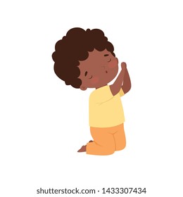 Little African American Boy Character Kneeling in Prayer Cartoon Vector Illustration