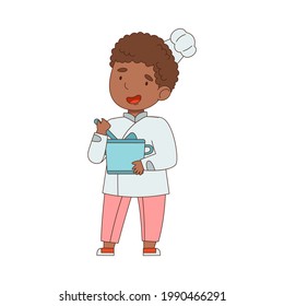 Little African American Boy Chef in White Toque and Jacket Holding Pot Mixing Something Vector Illustration