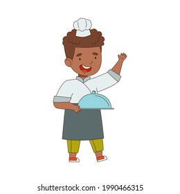 Little African American Boy Chef in White Toque and Jacket Holding Tray with Served Appetizing Meal Vector Illustration