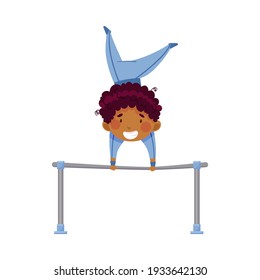 Little African American Boy Doing Gymnastics Tumbling On Horizontal Bar Vector Illustration