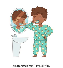 Little African American Boy Getting Ready to Bedtime Brushing Her Teeth Vector Illustration