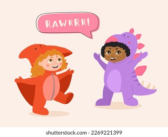 Little african american boy and girl dressed in jumpsuit kigurumi in form of dinosaurs. Boy and girl in costume with hood and tail. Cozy dino pajamas. Cartoon flat vector illustration