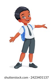 Little African American boy greeting with wide open arms. Cartoon vector illustration isolated on white background.