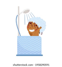 Little African American Boy Having Shower in Bathroom Washing with Soap Vector Illustration