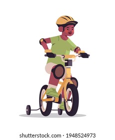 Little African American Boy In Helmet Riding Bike Childhood Concept Full Length Isolated Vertical