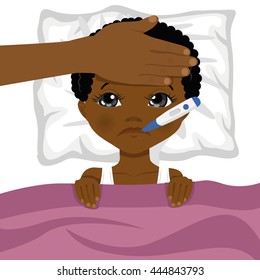 little african american boy ill in bed with thermometer in his mouth and mother s head on his forehead