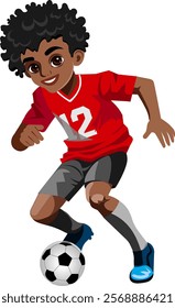 Little African American boy incs uniform with soccer ball playing football full length Vector