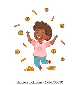 Niño afroamericano saltando a lanzar una vectora de monedas de oro