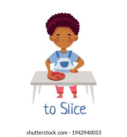 Little African American Boy at Kitchen Table Slicing with Knife Vector Illustration