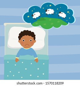 Little african american boy lies in bed. Cute unhappy child counts sheep to fall asleep. Cartoon kid character and dream cloud. Top view. Flat vector illustration