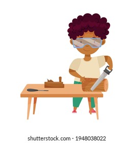 Little African American Boy in Protective Goggles at Table Woodworking Sawing Timber Vector Illustration