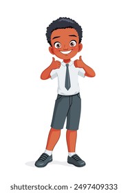 Little African American boy in school uniform showing thumbs up. Cartoon vector illustration isolated on white background.