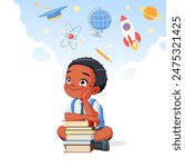 Little African American boy sitting with books and dreaming of a career in science. Cartoon vector illustration isolated on white background.