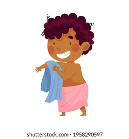 Little African American Boy Standing with Towel Drying Himself after Having a Shower Vector Illustration