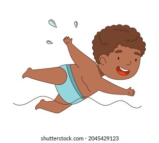 Little African American Boy in Swimsuit Swimming in Water Vector Illustration