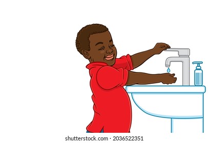 Little african american boy turns off faucet or water valve as soon as finishes washing hands to save water, liquid soap, sink, bathroom, Wash your hands to be free from disease concept. Vector art.