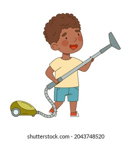 Little African American Boy with Vacuum Cleaner Engaged in Housekeeping Vector Illustration