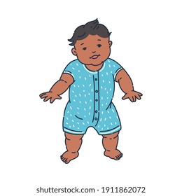 Little african american child doing first steps, cartoon sketch vector illustration isolated on white background. Infant child beginning to walk by himself.