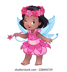 Little African American cute fairy in a pink dress with magic wand. Cartoon character. Vector clip-art illustration on a white background.