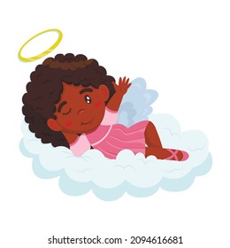 Little African American cute girl angel in a cartoon style in a pink dress and a golden halo lies on a cloud and winks